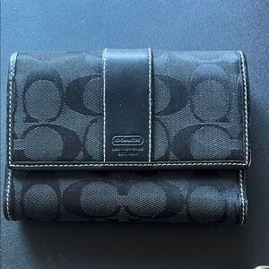 Coach Signature C Black Leather Trifold Wallet Unisex EXCELLENT